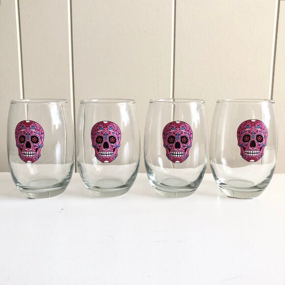 Cristar Pink Sugar Skull Stemless Wine Glasses Set of 2 Day of The Dead - Picture 2 of 4